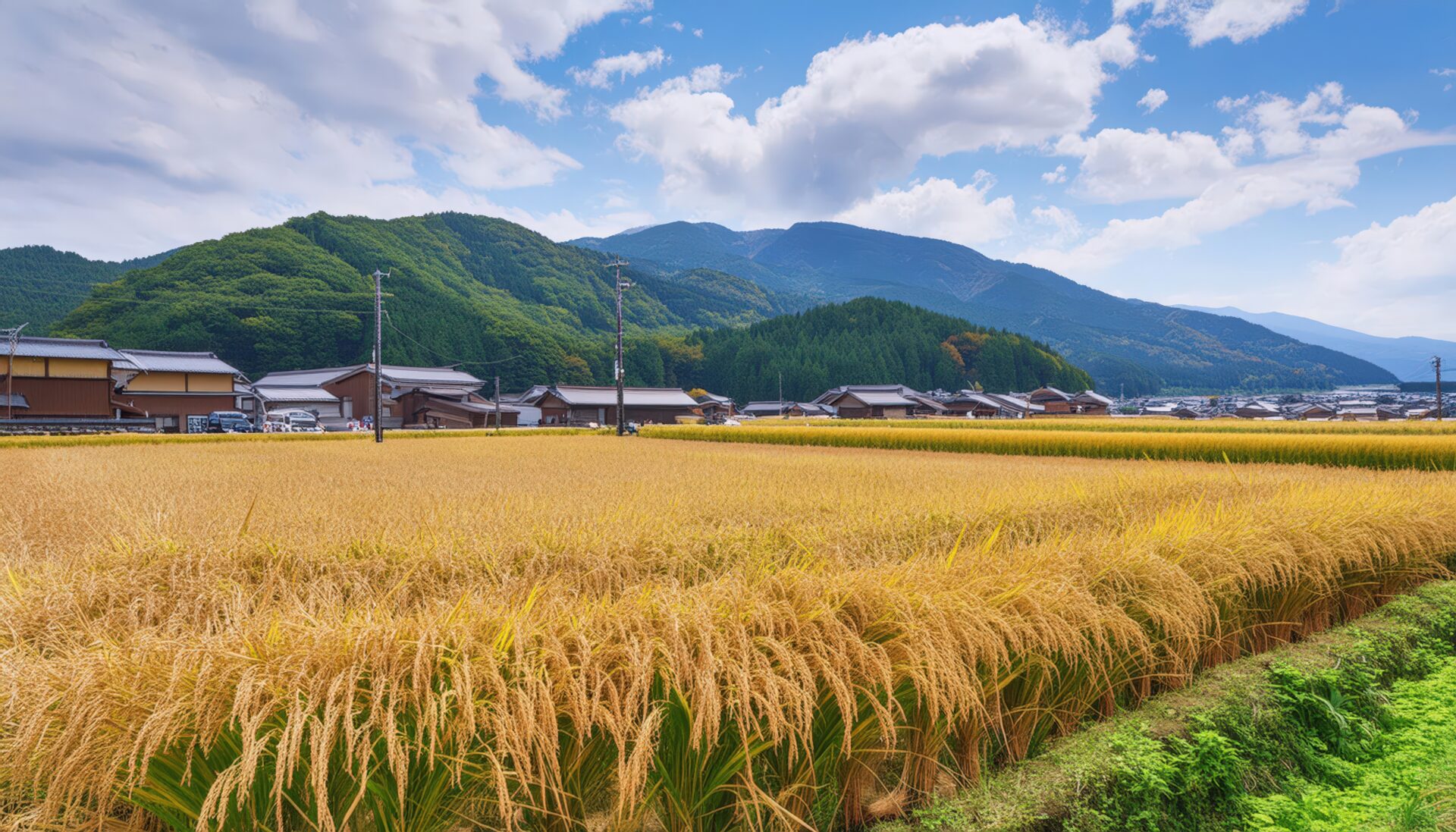 稲穂が広がる村の風景