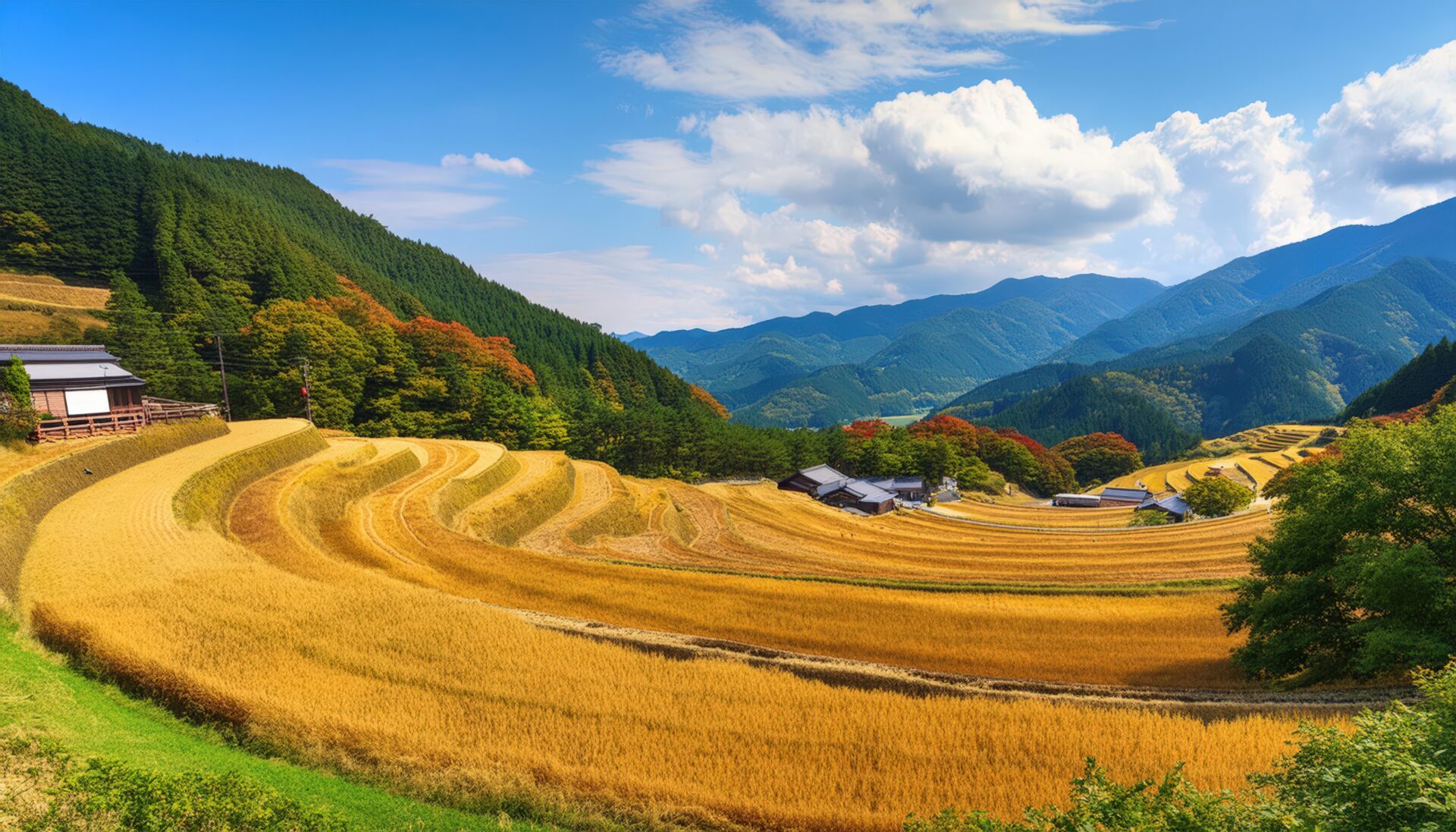 棚田と稲穂が作り出す美しい風景