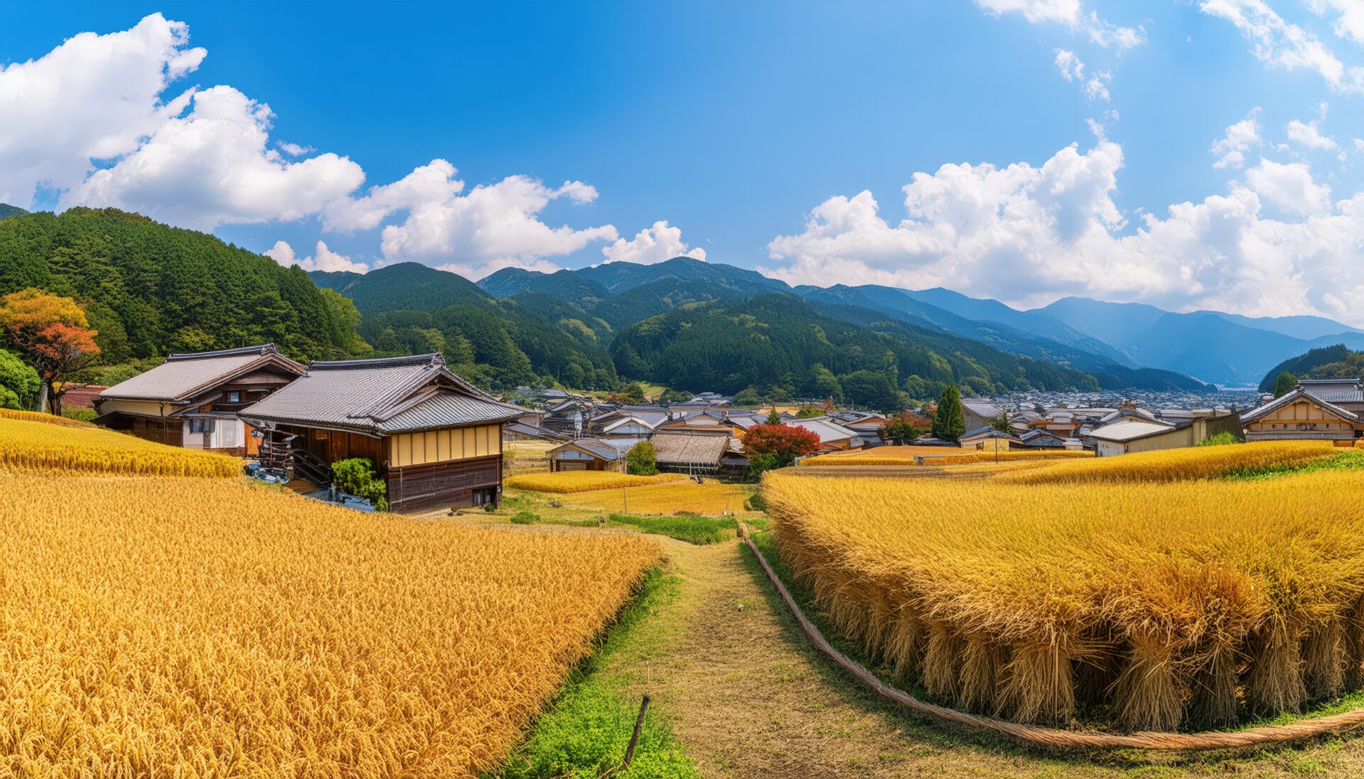 秋の田園風景と日本家屋