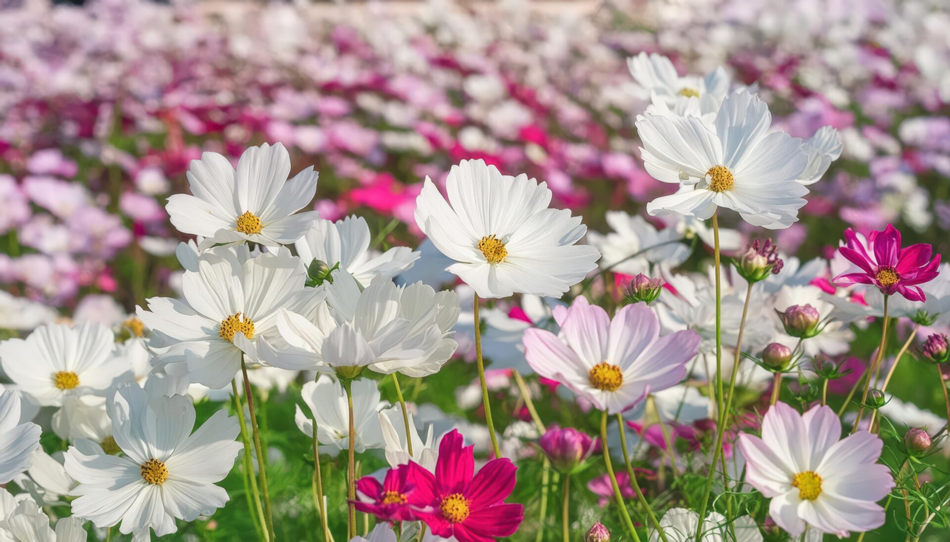 白とピンクのコスモスのクローズアップ