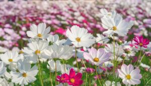 白とピンクのコスモスのクローズアップ