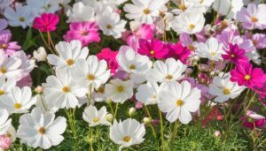 白とピンクのコスモスのアップ