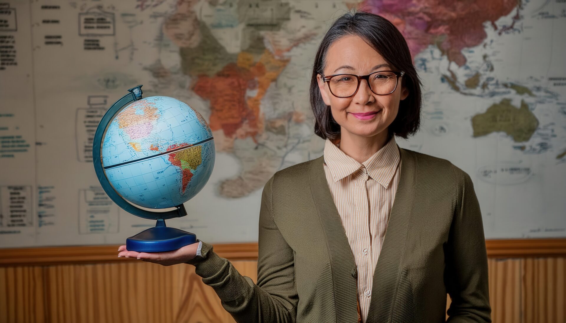 地図の前で地球儀を持つ女性講師