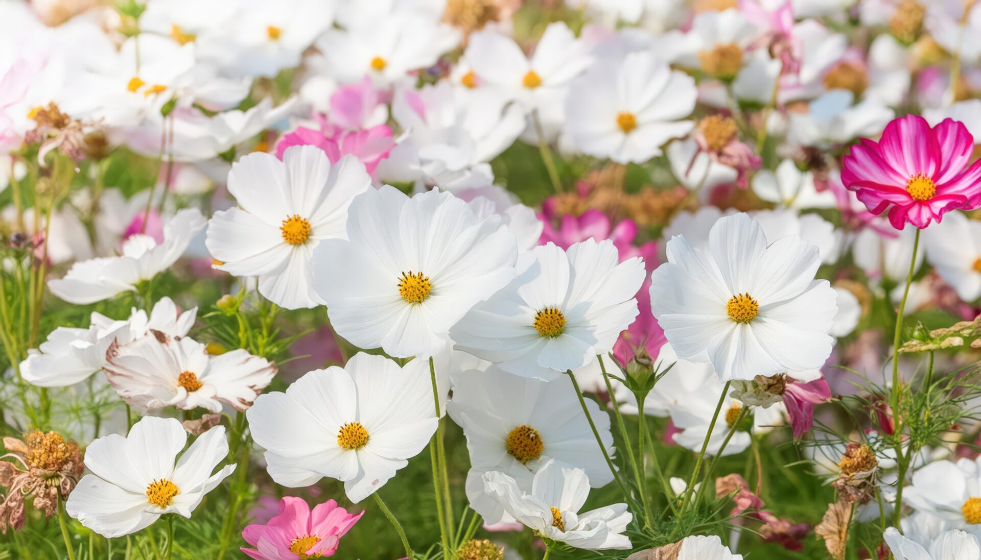 白とピンクのコスモスが揺れる花畑