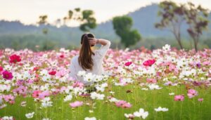 コスモス畑で後ろ姿の女性