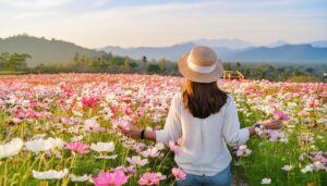 麦わら帽子をかぶる女性とコスモス畑