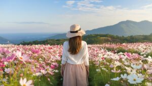 コスモス畑と麦わら帽子の女性の後ろ姿