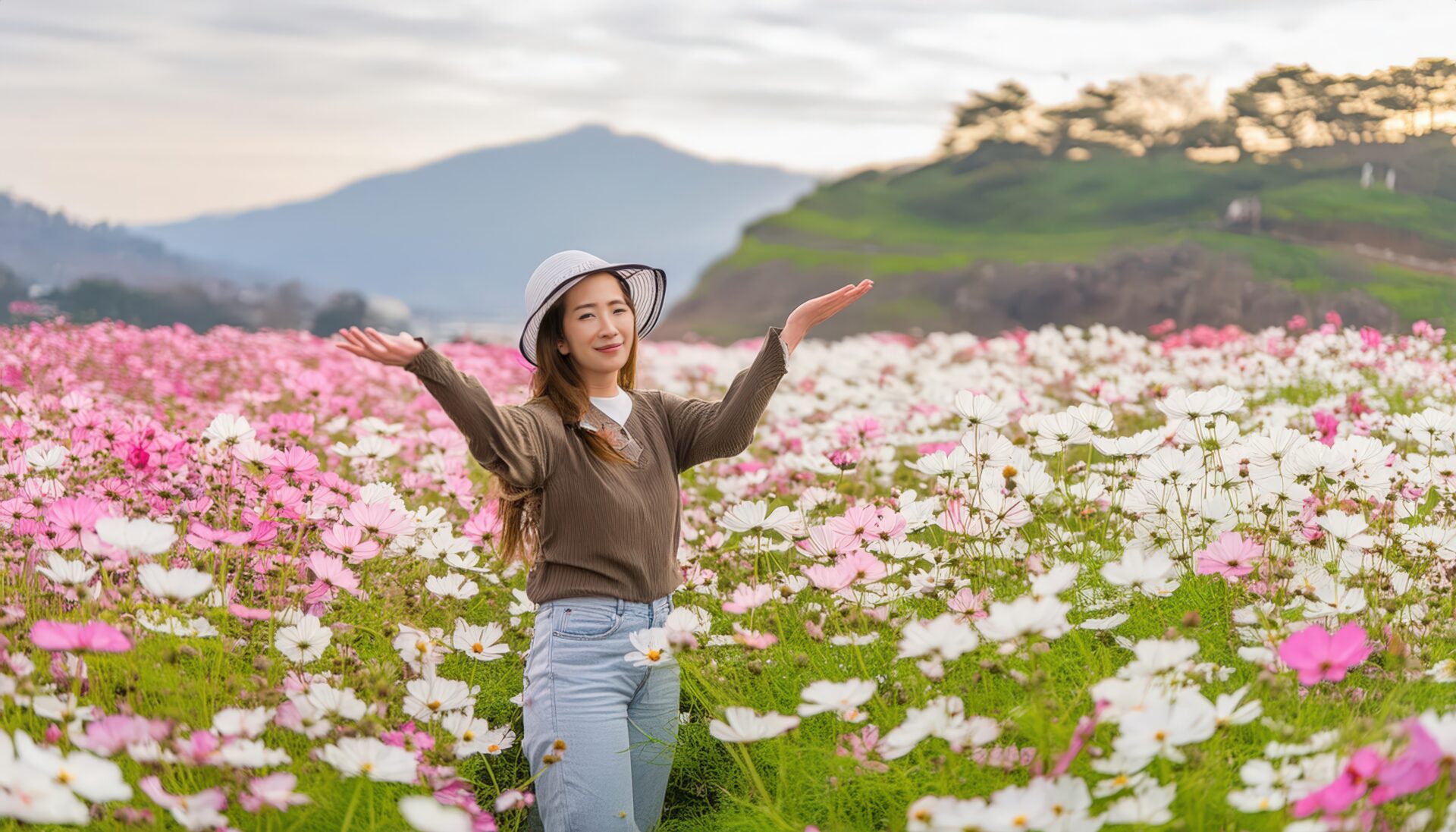 コスモス畑で笑顔を見せる女性
