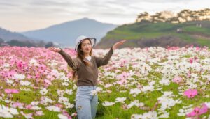 コスモス畑で笑顔を見せる女性