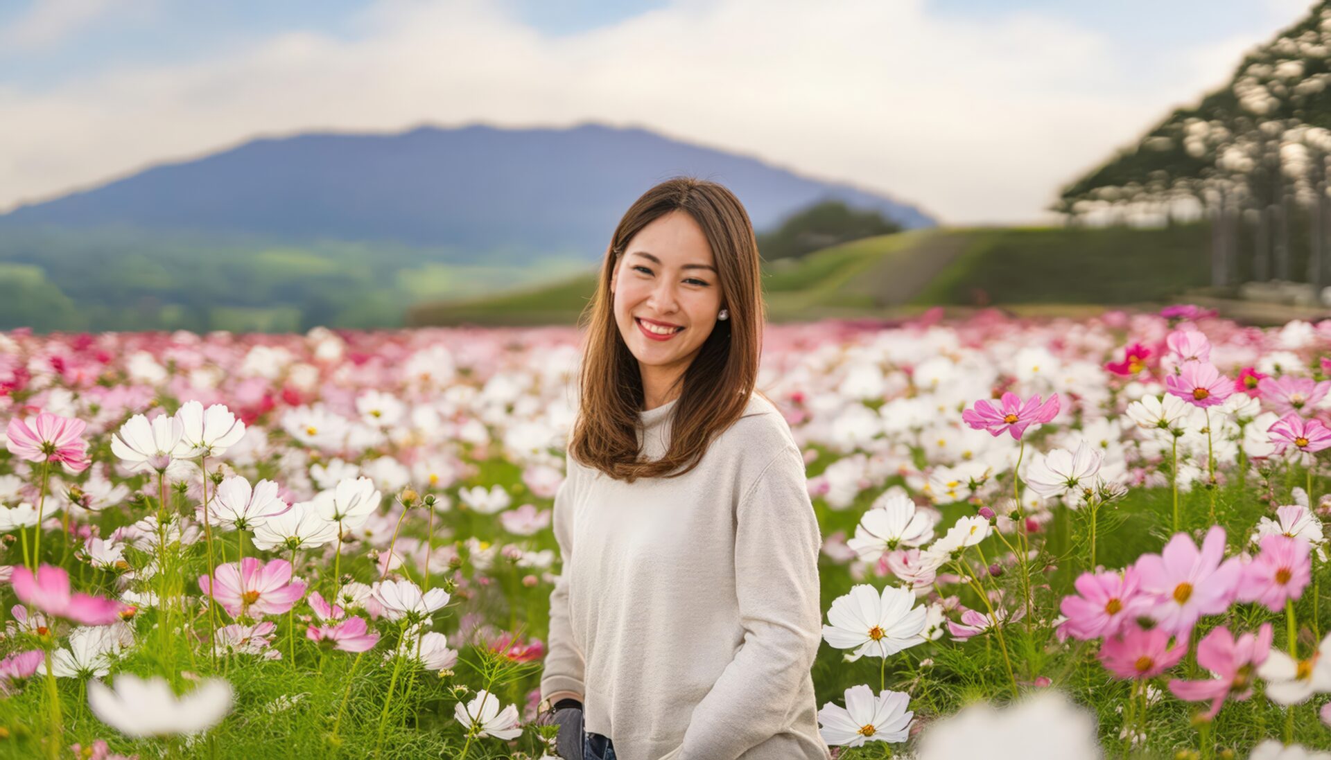 笑顔の女性とコスモス畑