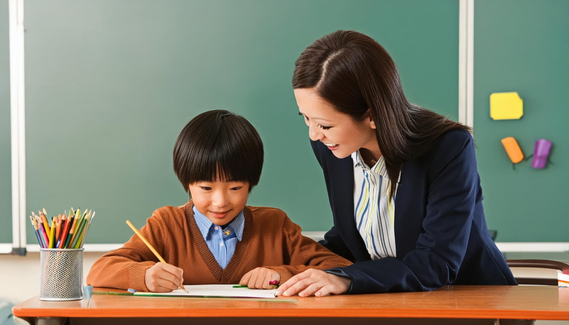子供に優しく指導する女性教師