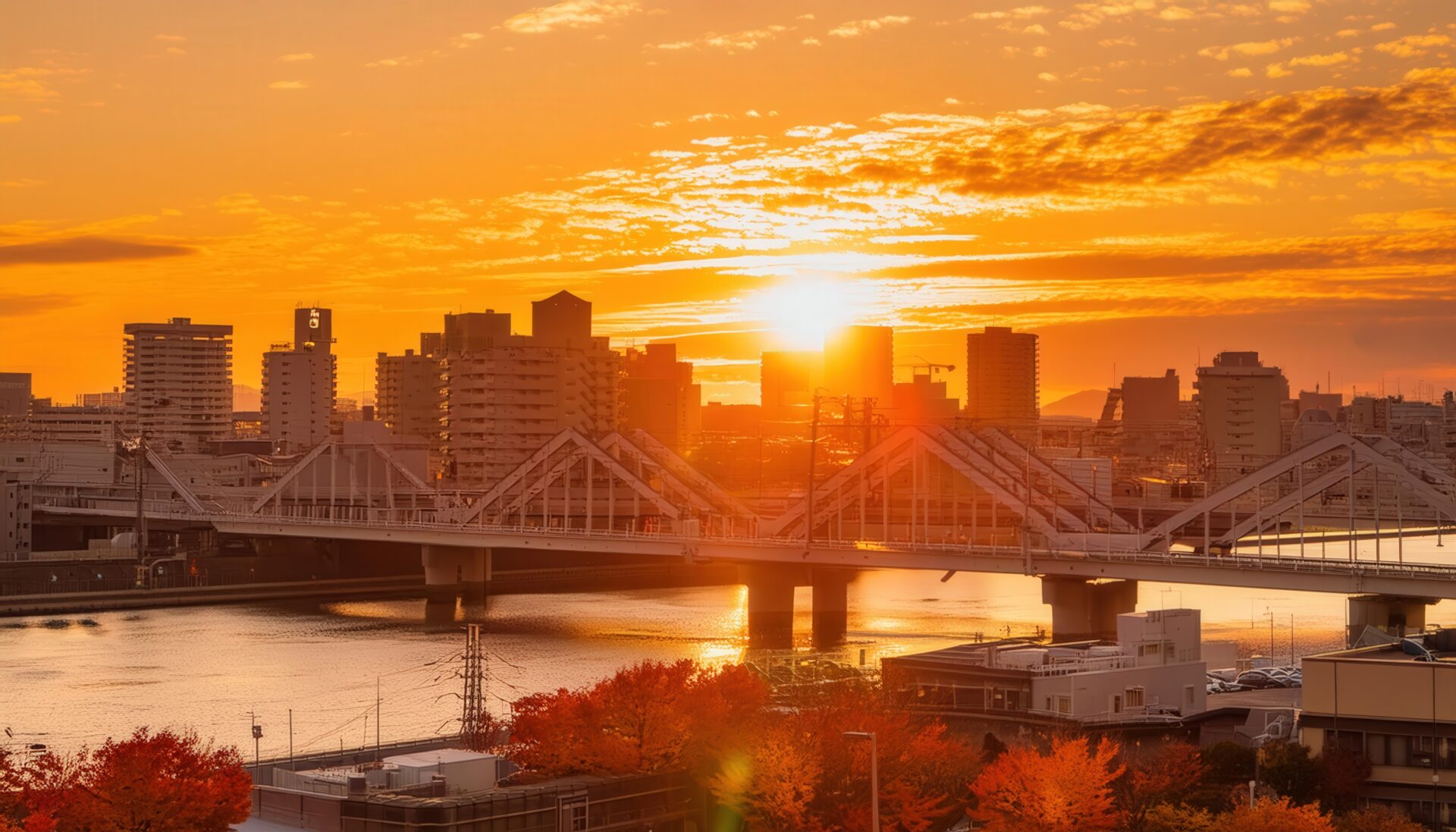 橋と高層ビル群が映える夕焼けの街並み