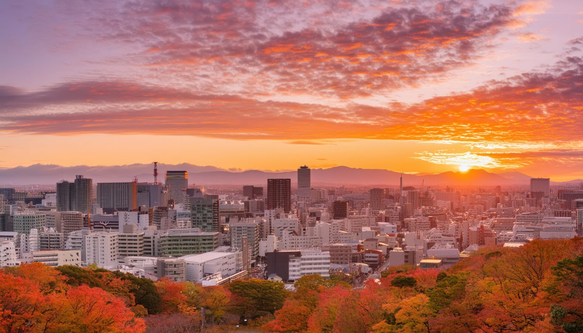 山並みと街が広がる夕焼けの風景