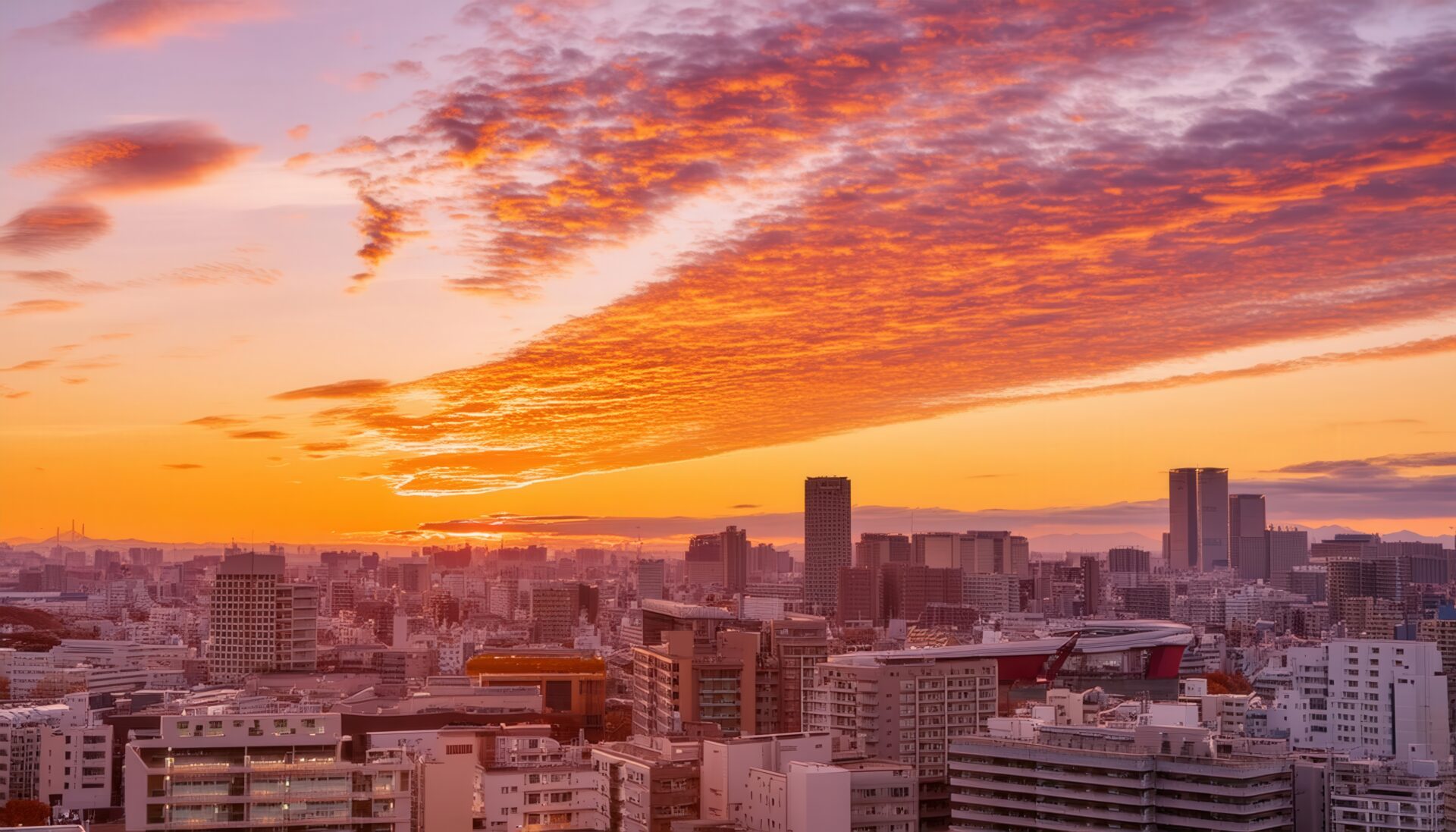 高層ビル群と広がる夕焼け空