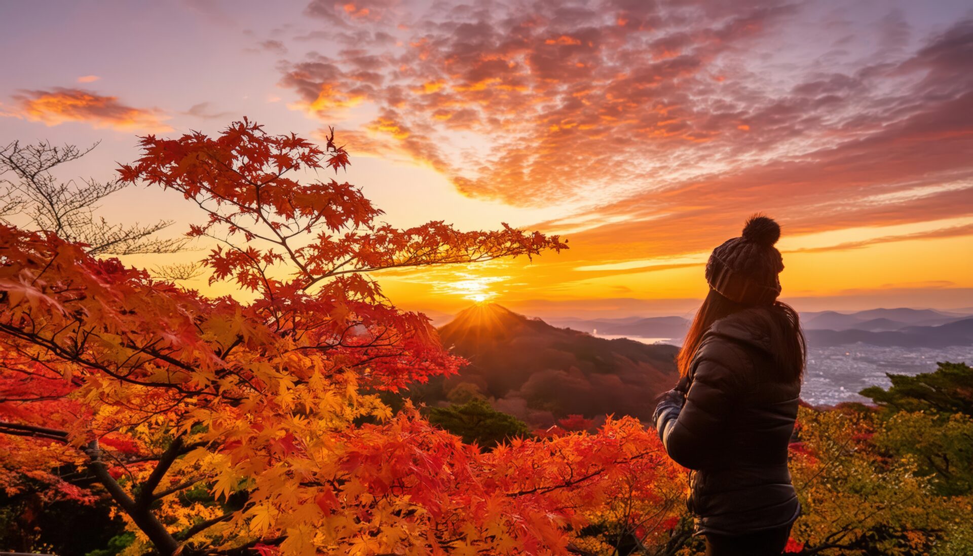 紅葉越しに眺める夕焼けと山々