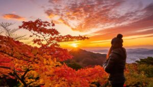 紅葉越しに眺める夕焼けと山々