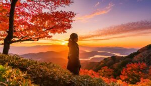 紅葉に囲まれた夕焼けの山頂