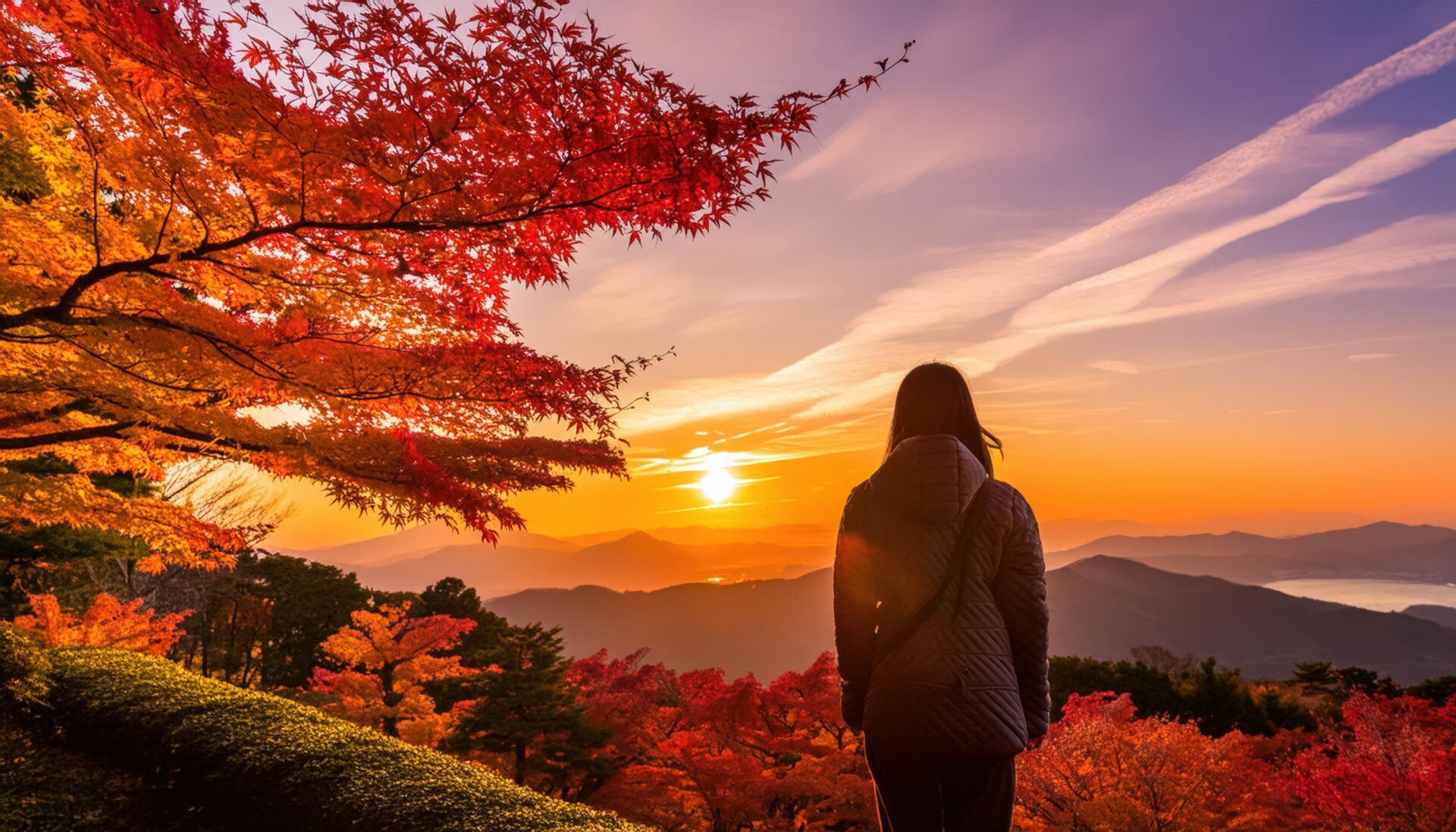 山の夕焼けと紅葉を楽しむ人のシルエット