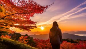 山の夕焼けと紅葉を楽しむ人のシルエット