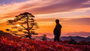 紅葉と夕焼けを眺める静かなひととき