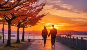 秋の夕焼けを眺めながら散歩するカップル