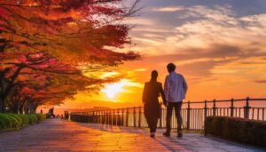 秋の並木道を歩く2人のシルエット