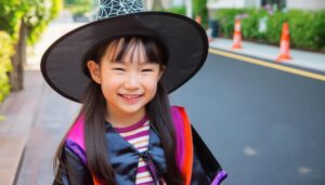 ハロウィンの魔女の帽子をかぶる子供