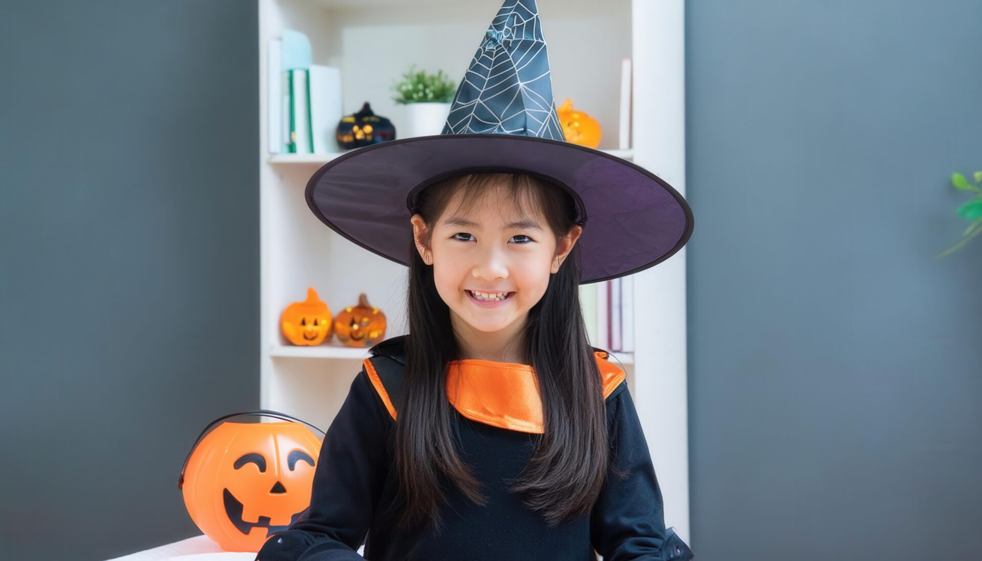 ハロウィンの仮装を楽しむ魔女の子供