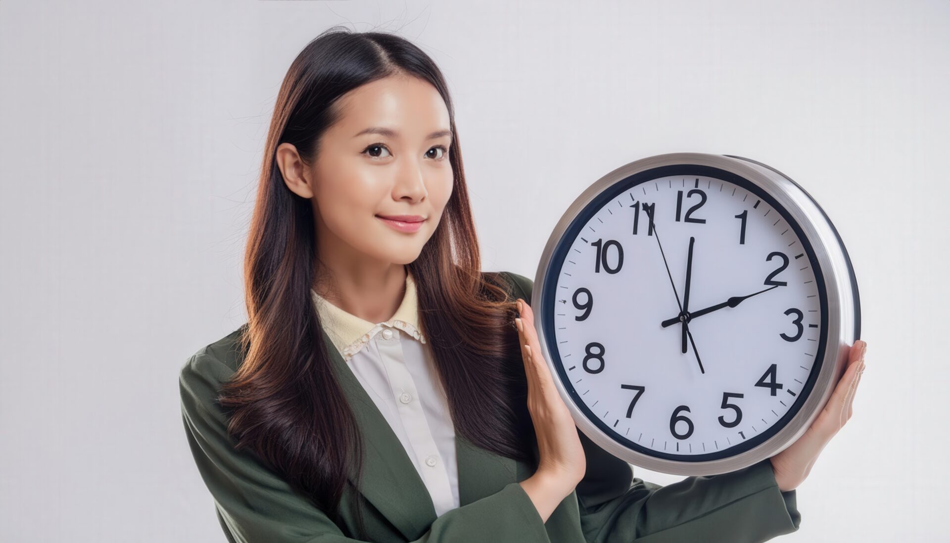 大きな時計を持つ女性先生の微笑み