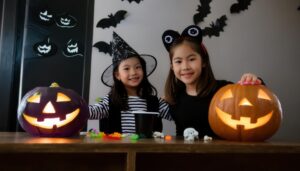 暗い部屋でジャック・オー・ランタンと遊ぶ子供たち