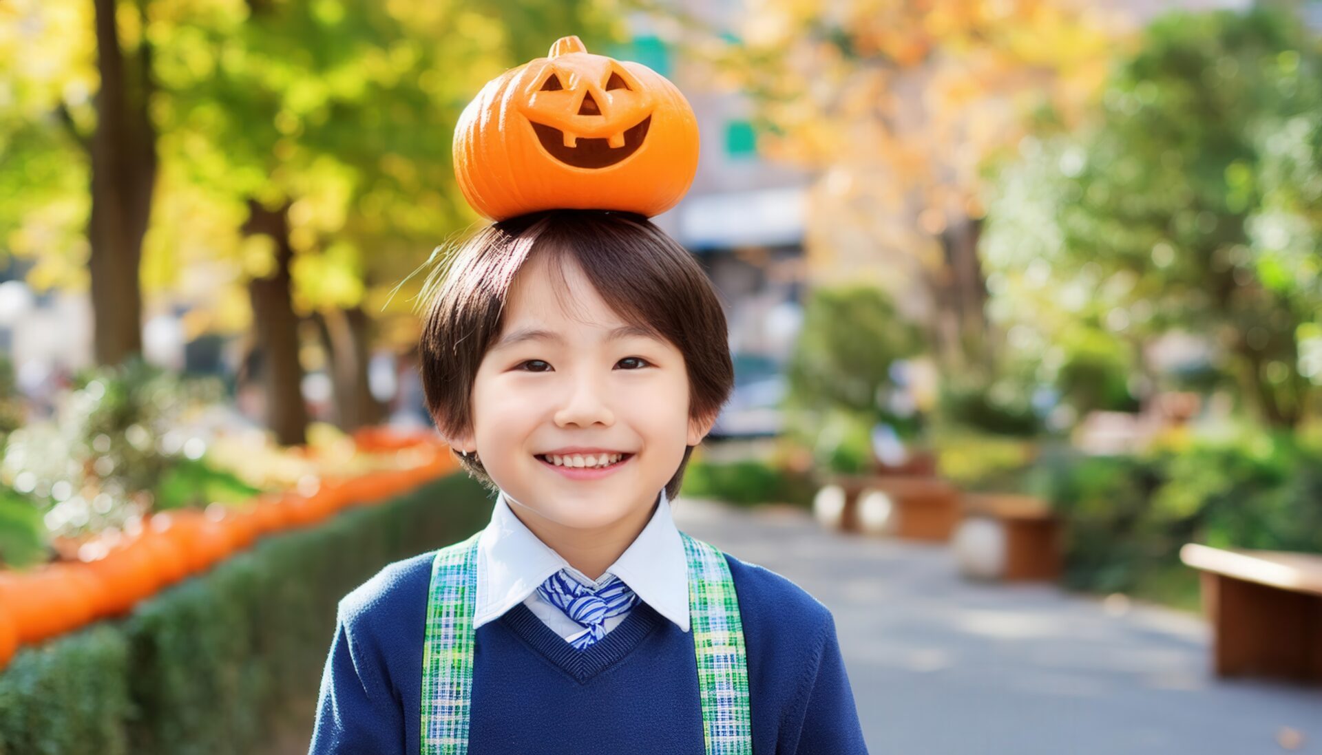公園でカボチャを頭に乗せた子供