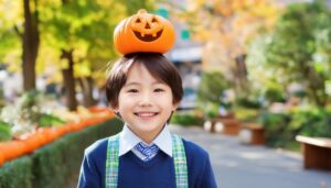 公園でカボチャを頭に乗せた子供