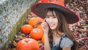 カボチャと一緒に微笑む魔女仮装の女性