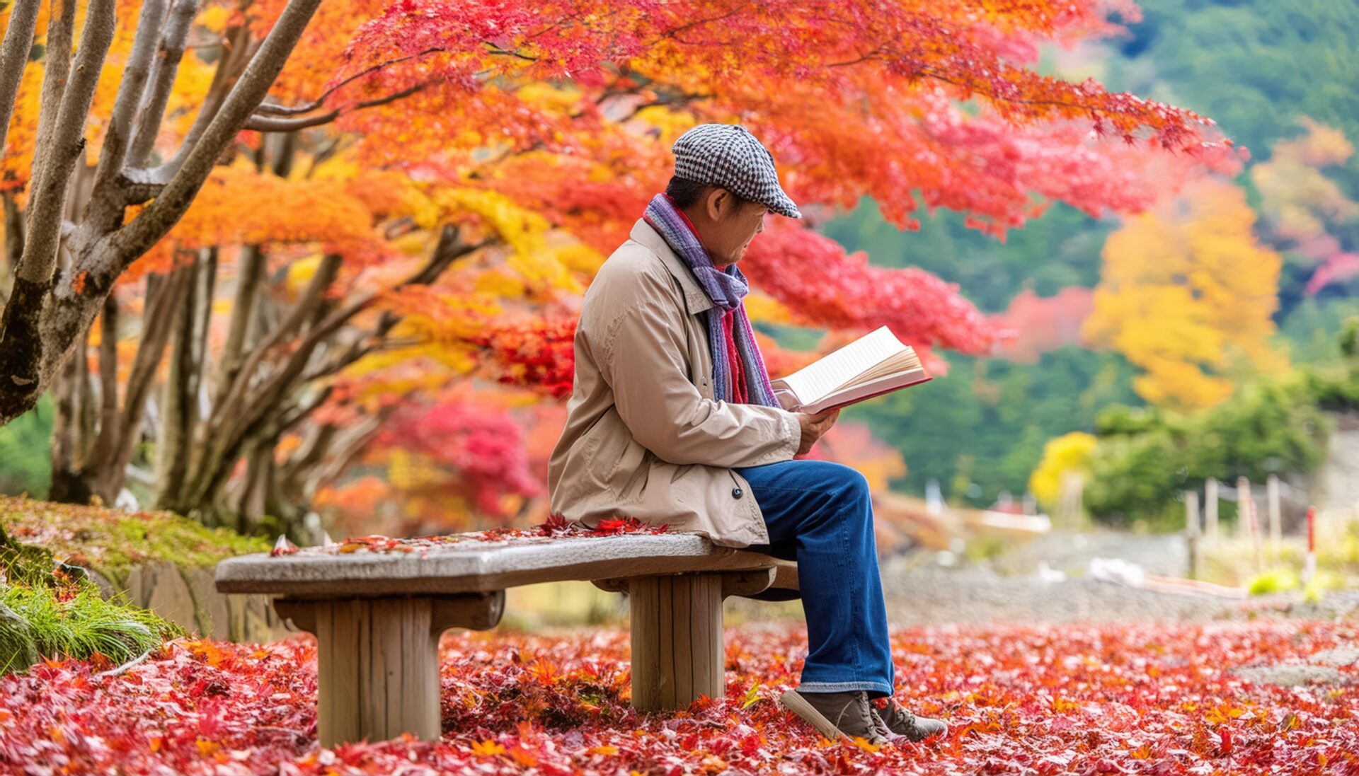 紅葉の公園で本を読む男性