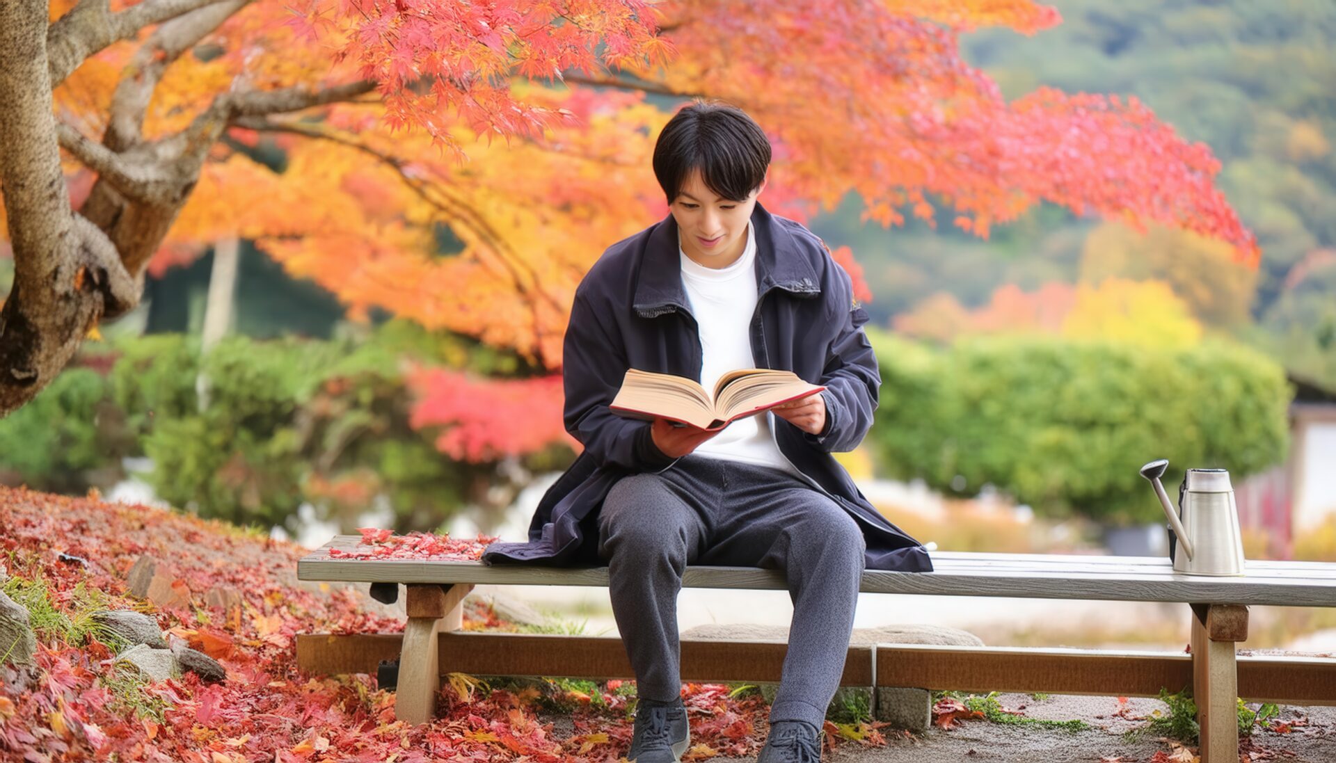 秋の紅葉の中で読書を楽しむ若い男性