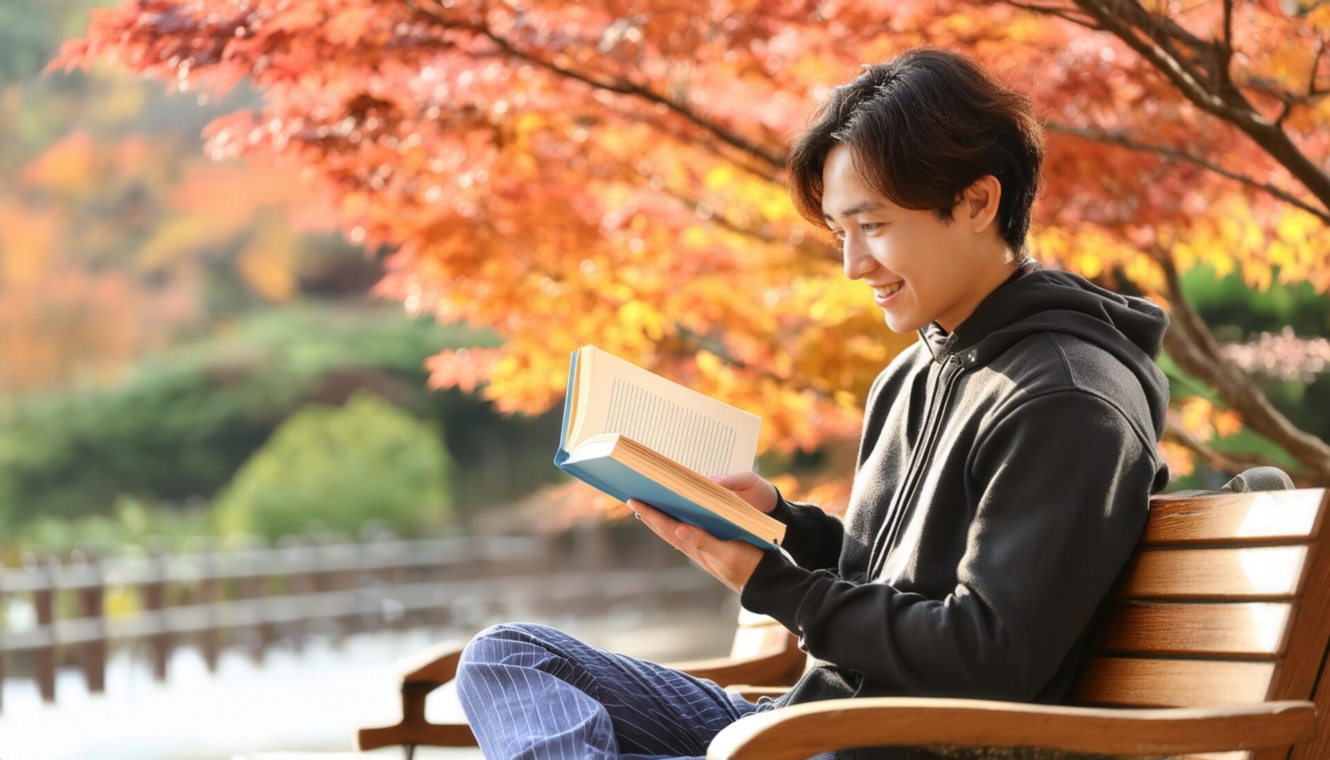 秋のベンチで本を読む男性