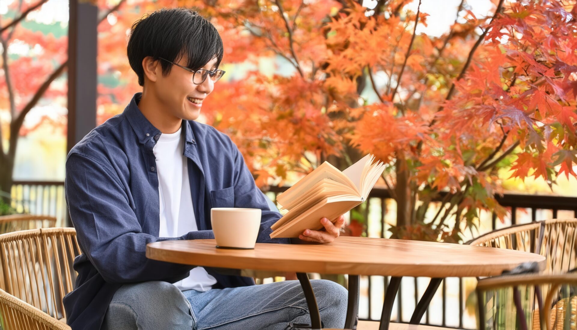 紅葉を背景にカフェで本を読む男性