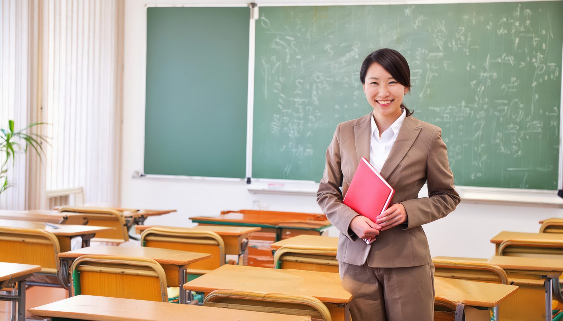 黒板の前に立つ女性先生