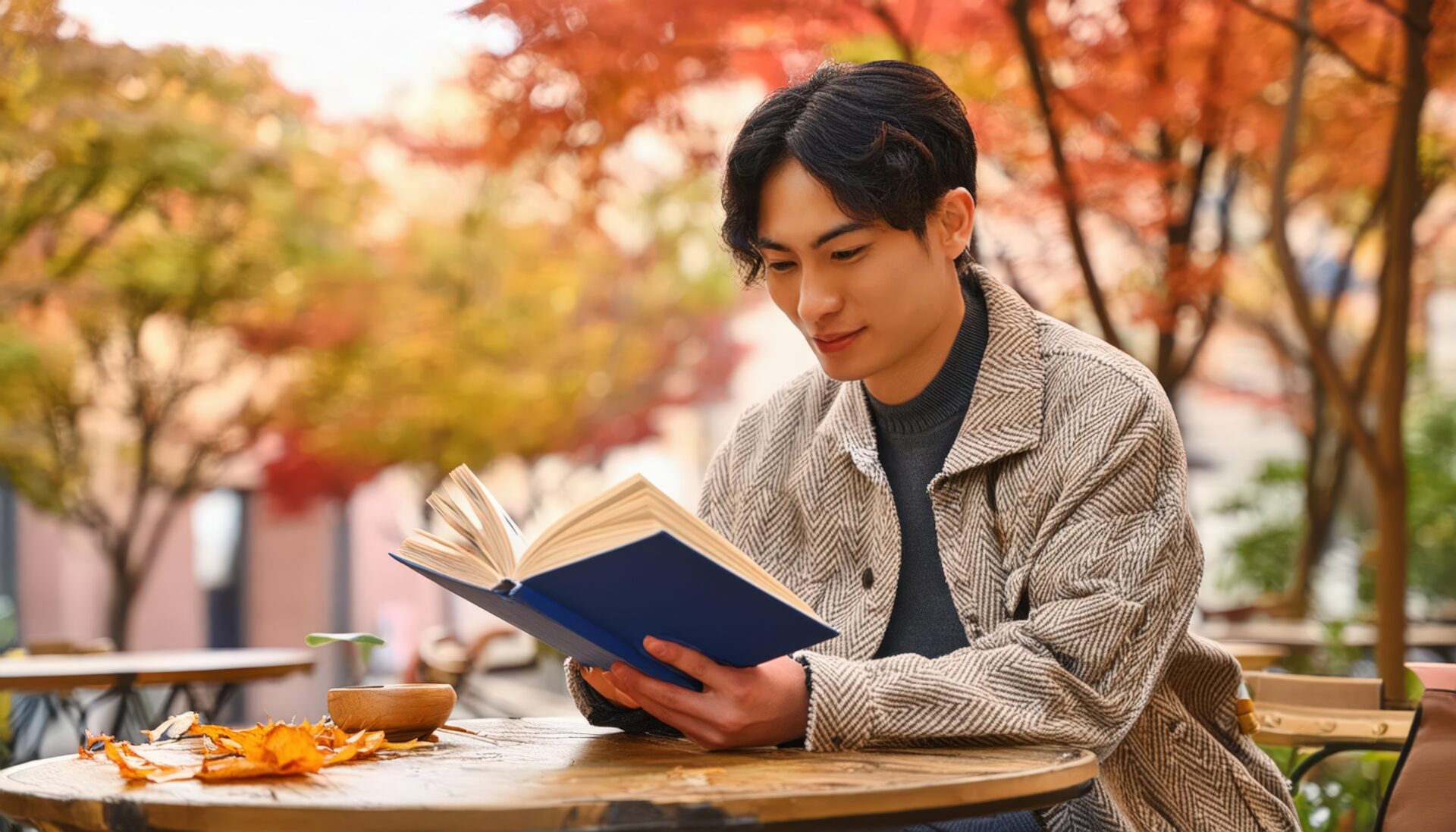 紅葉のカフェで青い本を読む男性