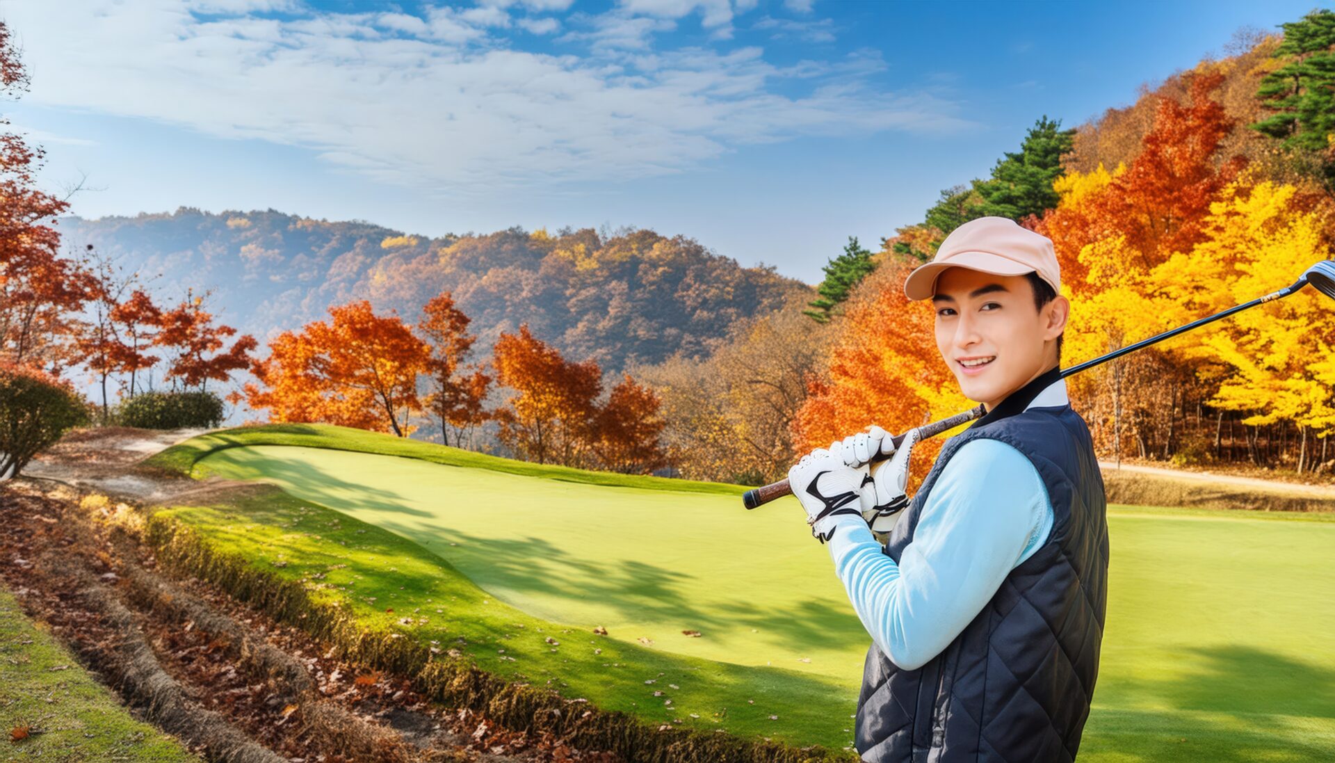 紅葉のゴルフ場でポーズをとる男性