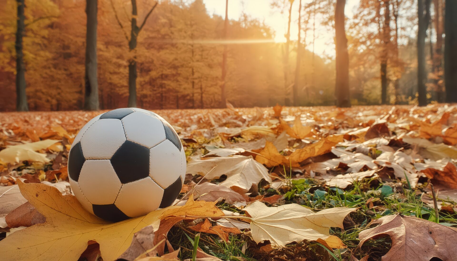 落ち葉の中に置かれたサッカーボール