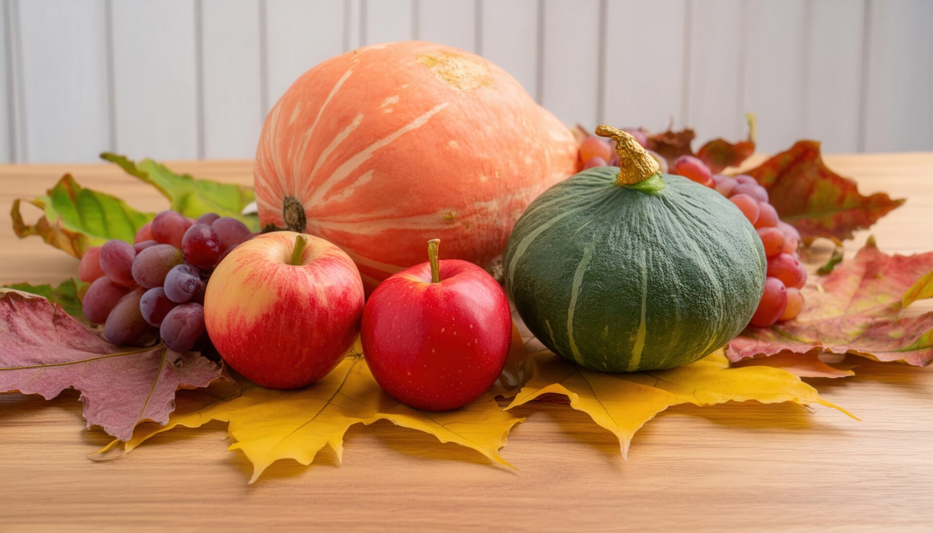 秋の果物とかぼちゃの静物画