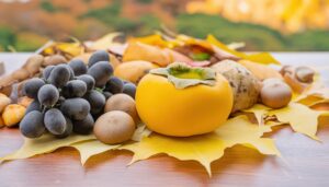 秋の果物と紅葉の美しい静物写真