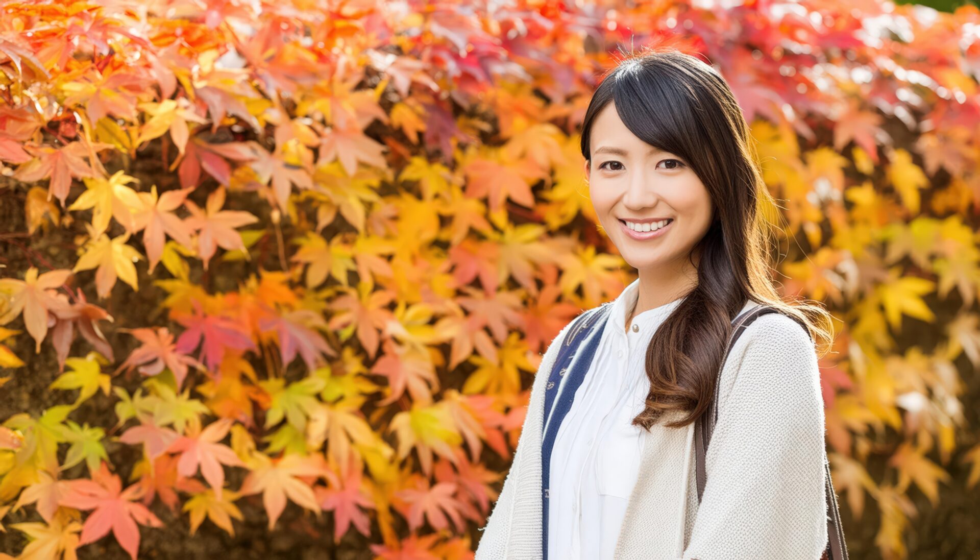 紅葉を背景にした女性の笑顔
