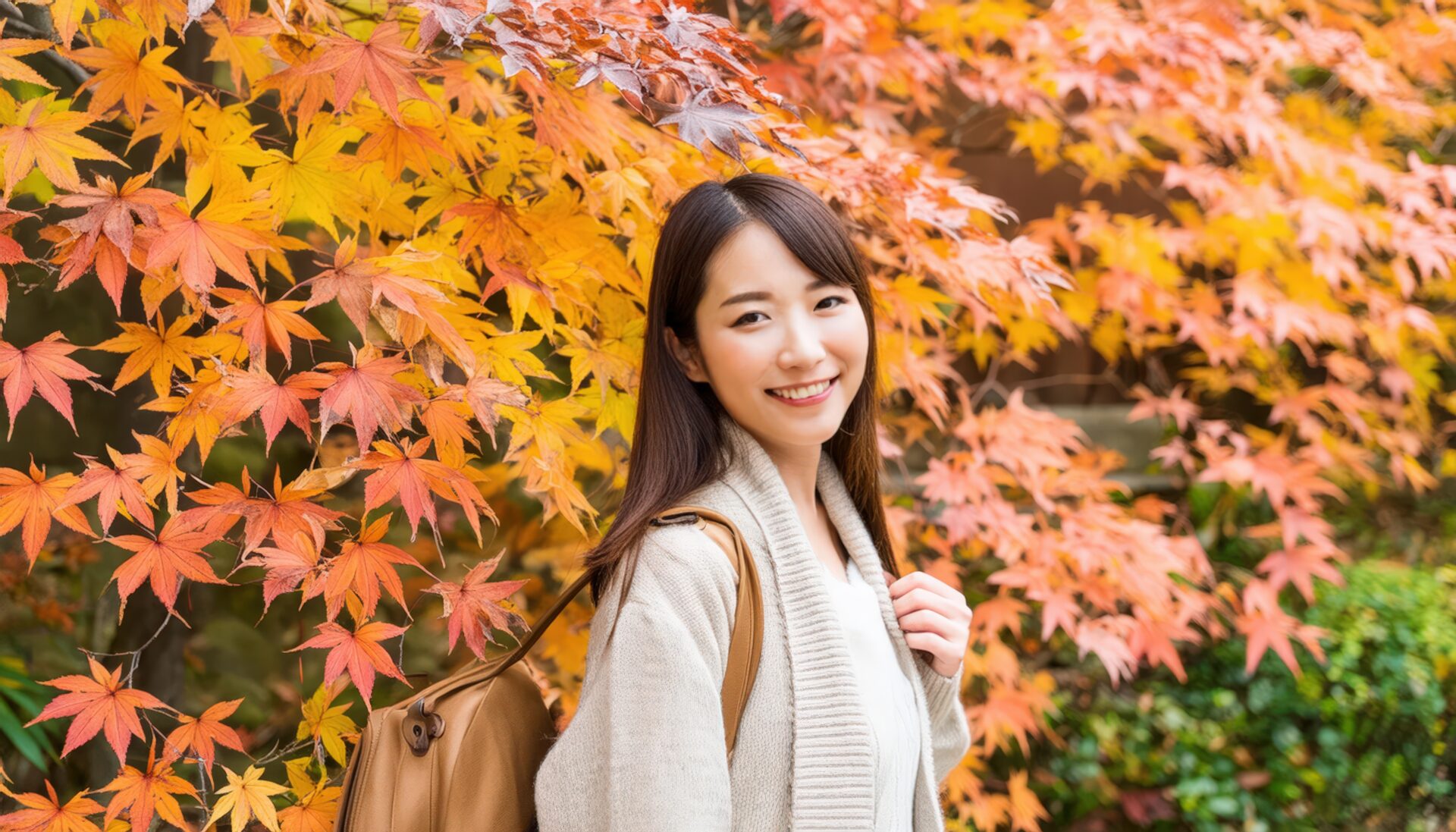 日本の秋を象徴する美しい紅葉と女性