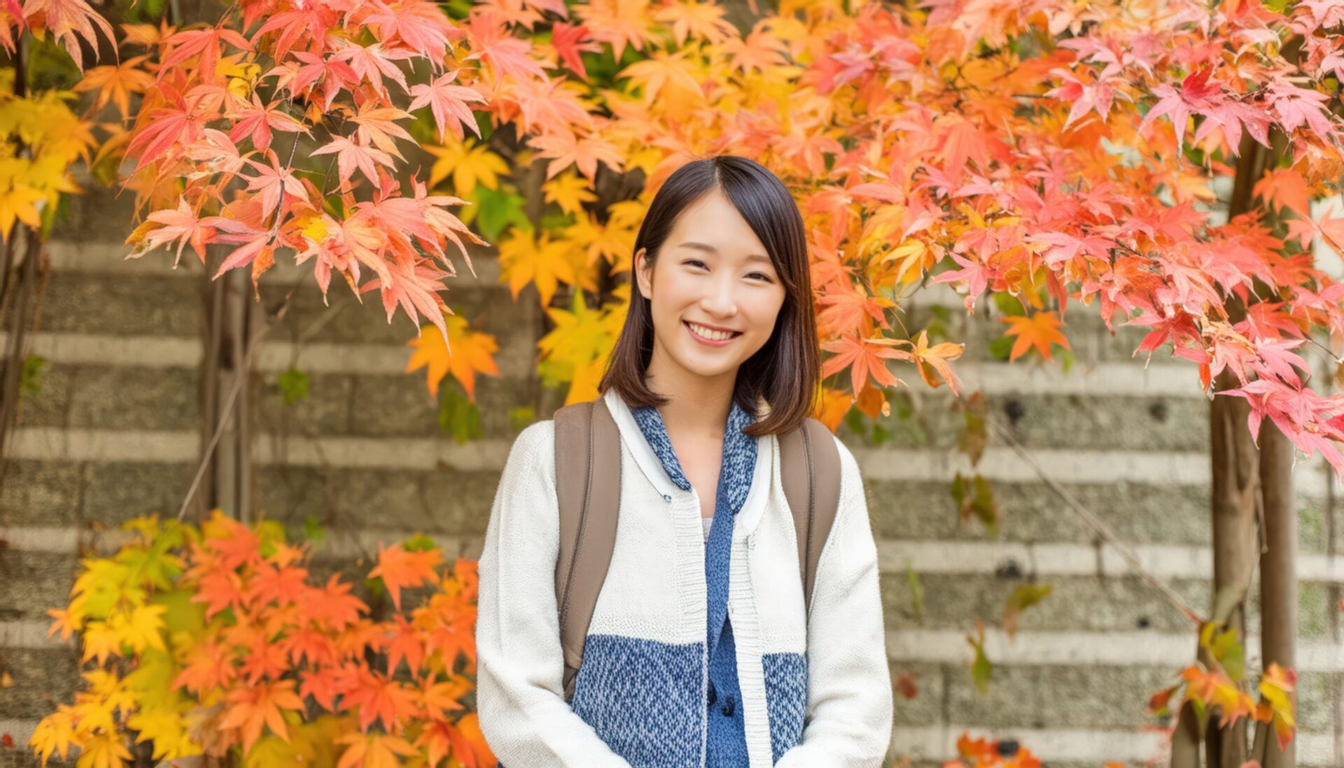 紅葉の中で笑顔を浮かべる女性