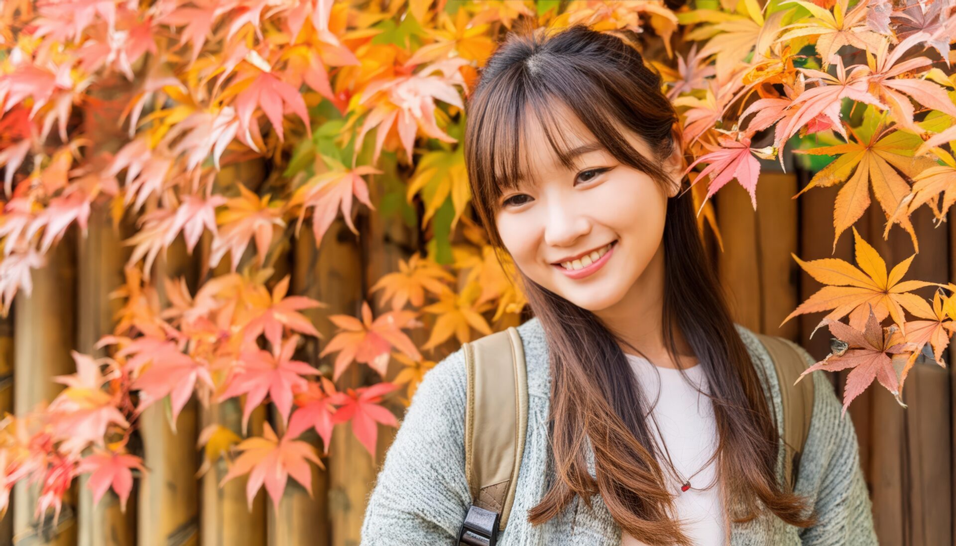 木の板塀と紅葉を背景にした女性