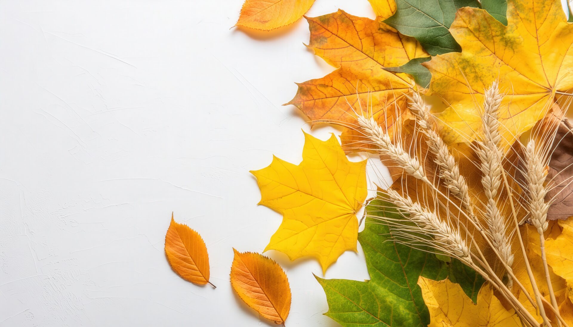 麦と黄色いカエデの葉が彩る秋のレイアウト