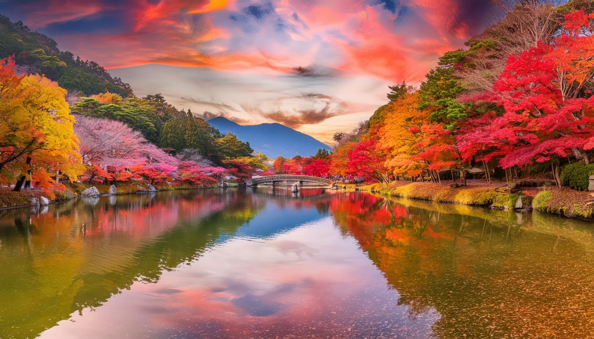 日本の秋景色、美しい紅葉と川が調和する風景