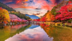 日本の秋景色、美しい紅葉と川が調和する風景